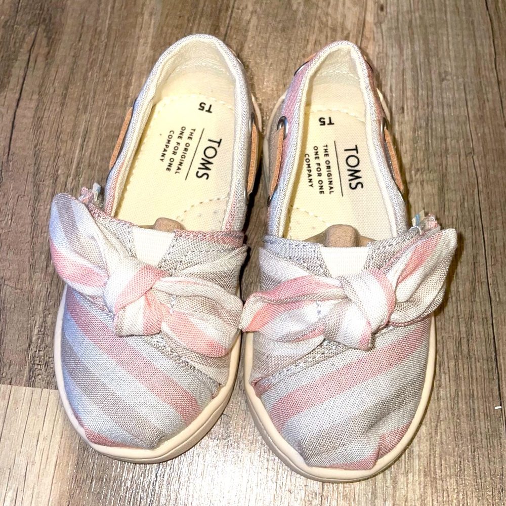 Toms Tiny Bimini Espadrille slip on pink stripe bow shoes kids size 5